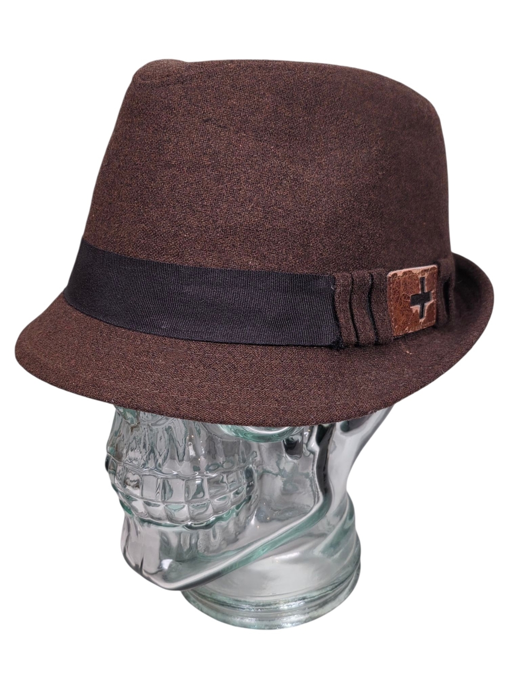 The Hatter Company Brown Fedora Hat Style 19021 Trilby Cross Patch Ribbon Trim